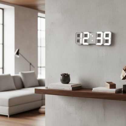 Horloge murale numérique LED blanc salon au-dessus canapé point focal lumineux