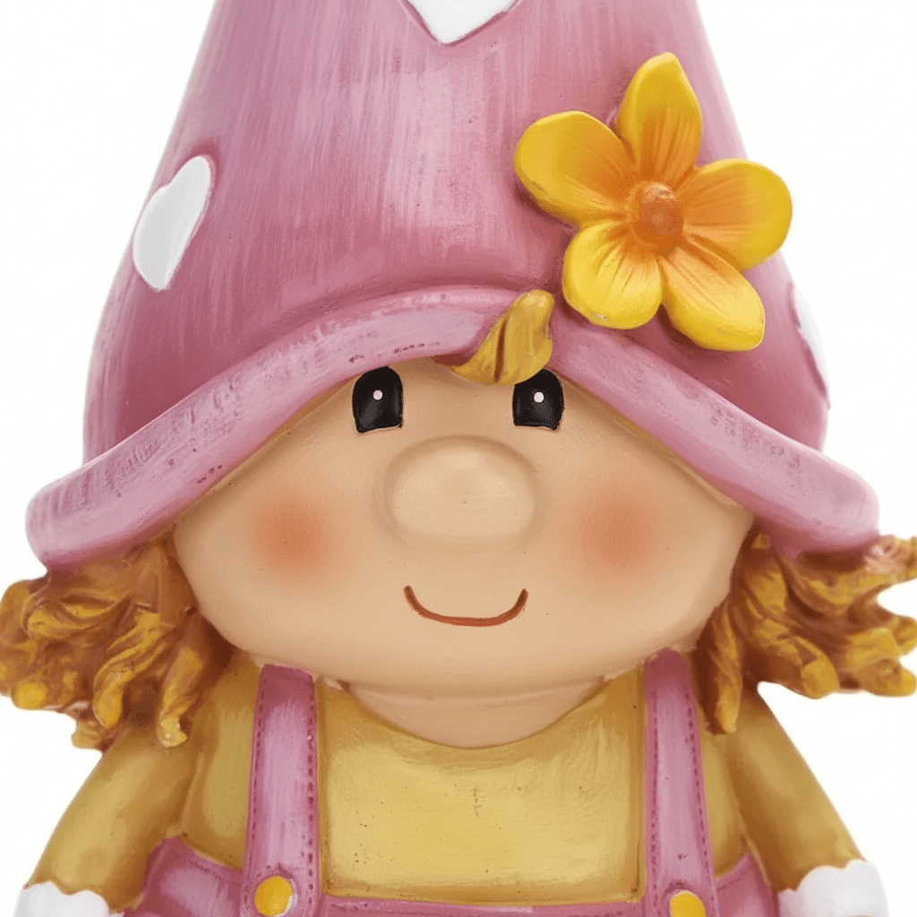 Nain de jardin femme détail résine robuste bonnet rose éclatant artisanal