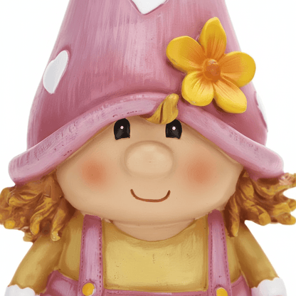 Nain de jardin femme détail résine robuste bonnet rose éclatant artisanal