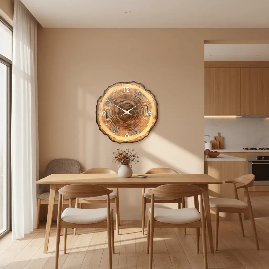 Horloge murale bois bambou cuisine salle à manger cernes naturels décoration chaleureuse