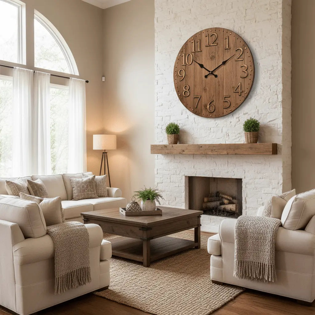 Horloge murale ronde bois naturel marron salon rustique décoration chaleureuse