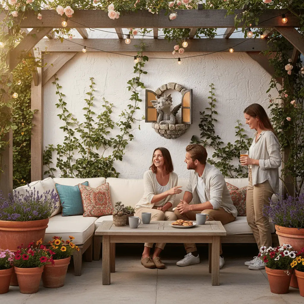 Terrasse extérieure aménagée décoration de jardin murale point focal ambiance conviviale charmante