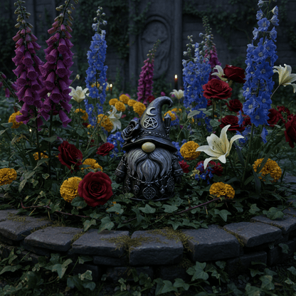Nain de jardin noir massif fleurs colorées statue gothique jardin fantasy