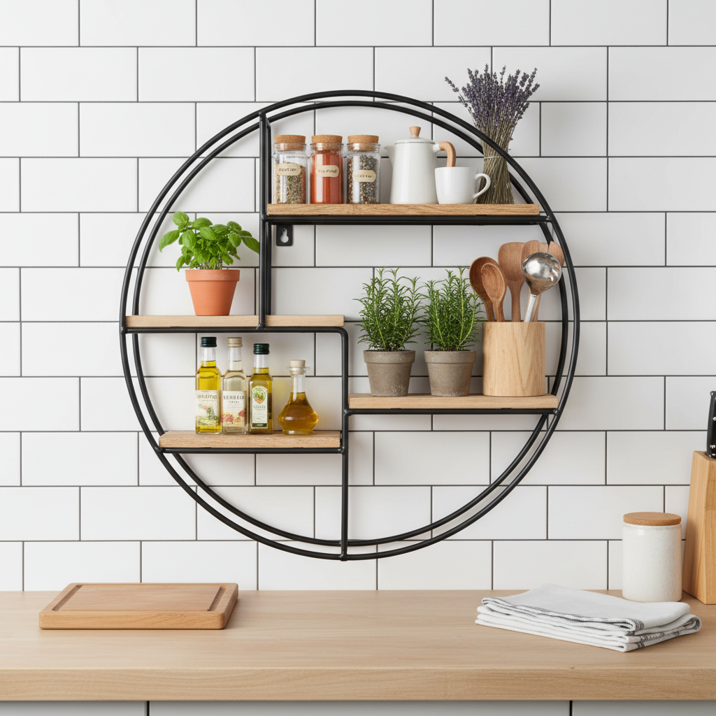 Étagère murale ronde cuisine bois avec cadre métallique noir, rangement flottant pour épices et plantes style industriel vintage rustique