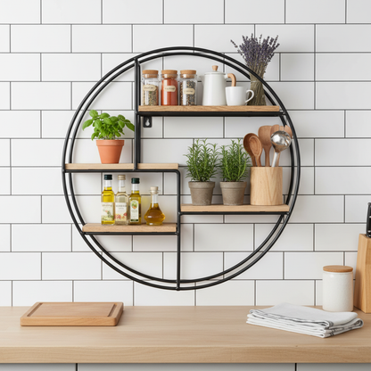 Étagère murale ronde cuisine bois avec cadre métallique noir, rangement flottant pour épices et plantes style industriel vintage rustique