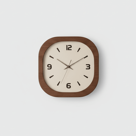 Horloge murale carrée silencieuse bois foncé cadran crème chiffres arabes design moderne