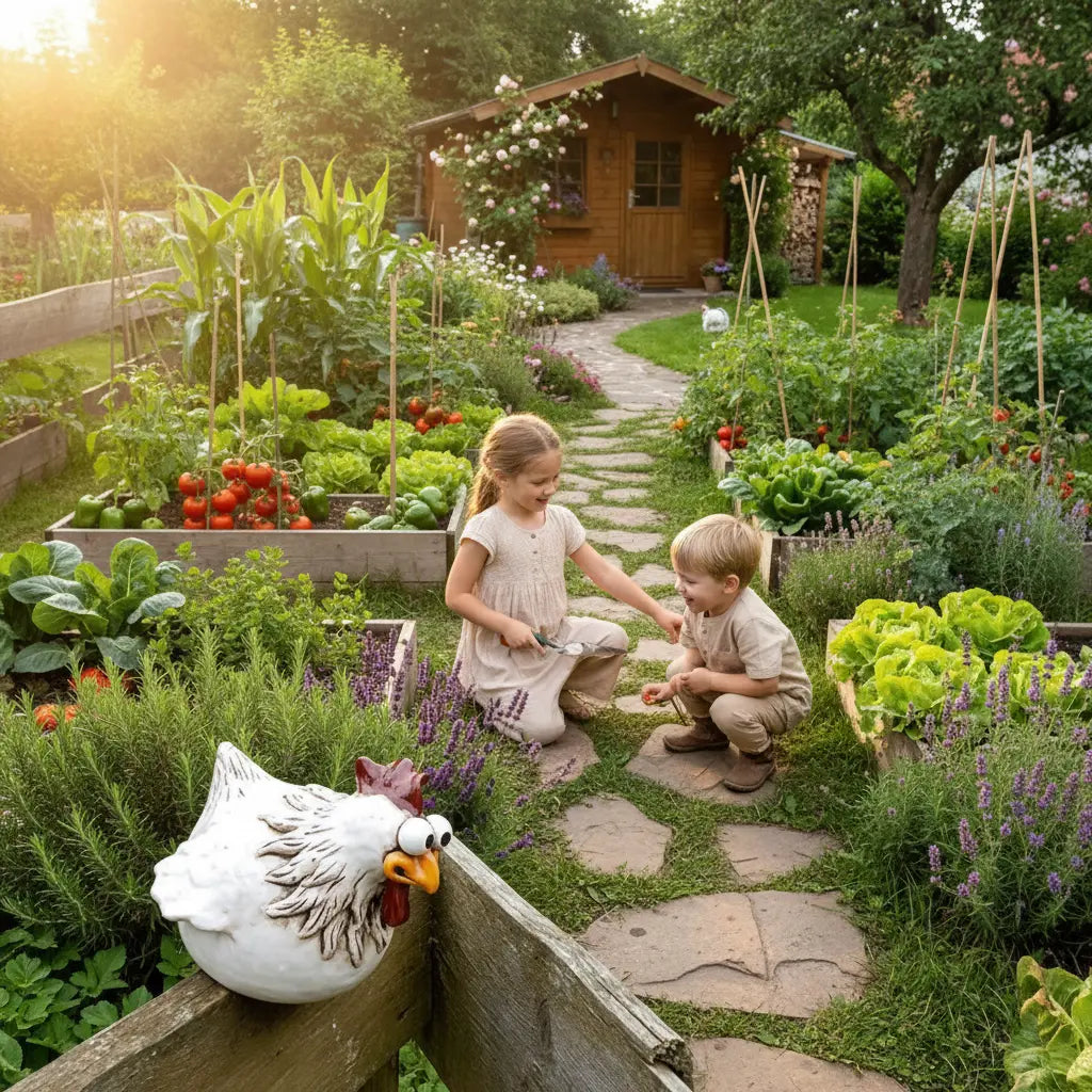 Jardin potager champêtre décoration jardin poule résine entre légumes herbes ambiance ferme traditionnelle
