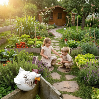 Jardin potager champêtre décoration jardin poule résine entre légumes herbes ambiance ferme traditionnelle