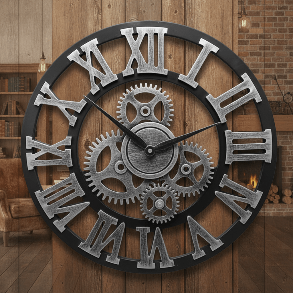 Horloge murale vintage engrenages mobiles 3D steampunk bois peint argent chiffres romains