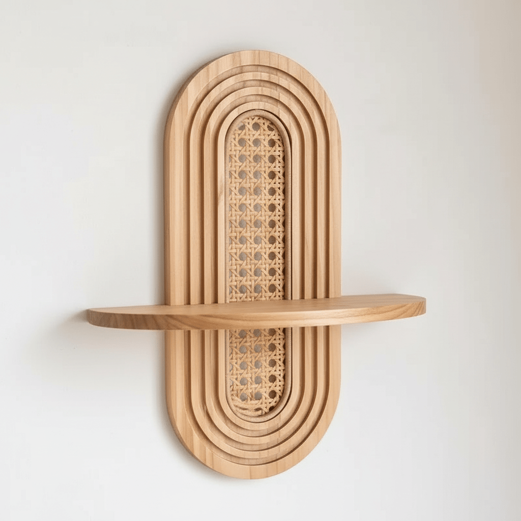 Estantería artesanal de ratán y madera natural, materiales ecológicos sostenibles, acabado caqui, accesorio decoración premium