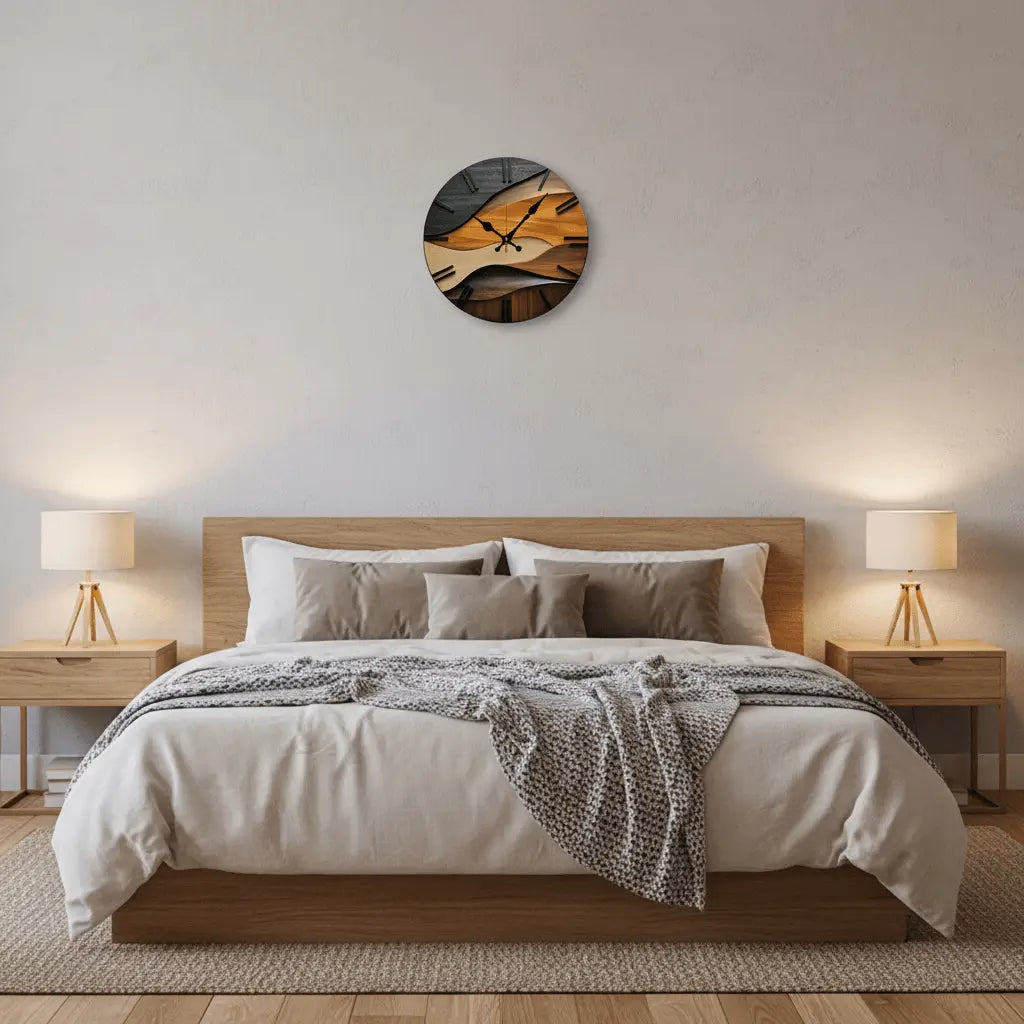 Horloge murale originale bois nordique chambre silencieuse marron atmosphère apaisante