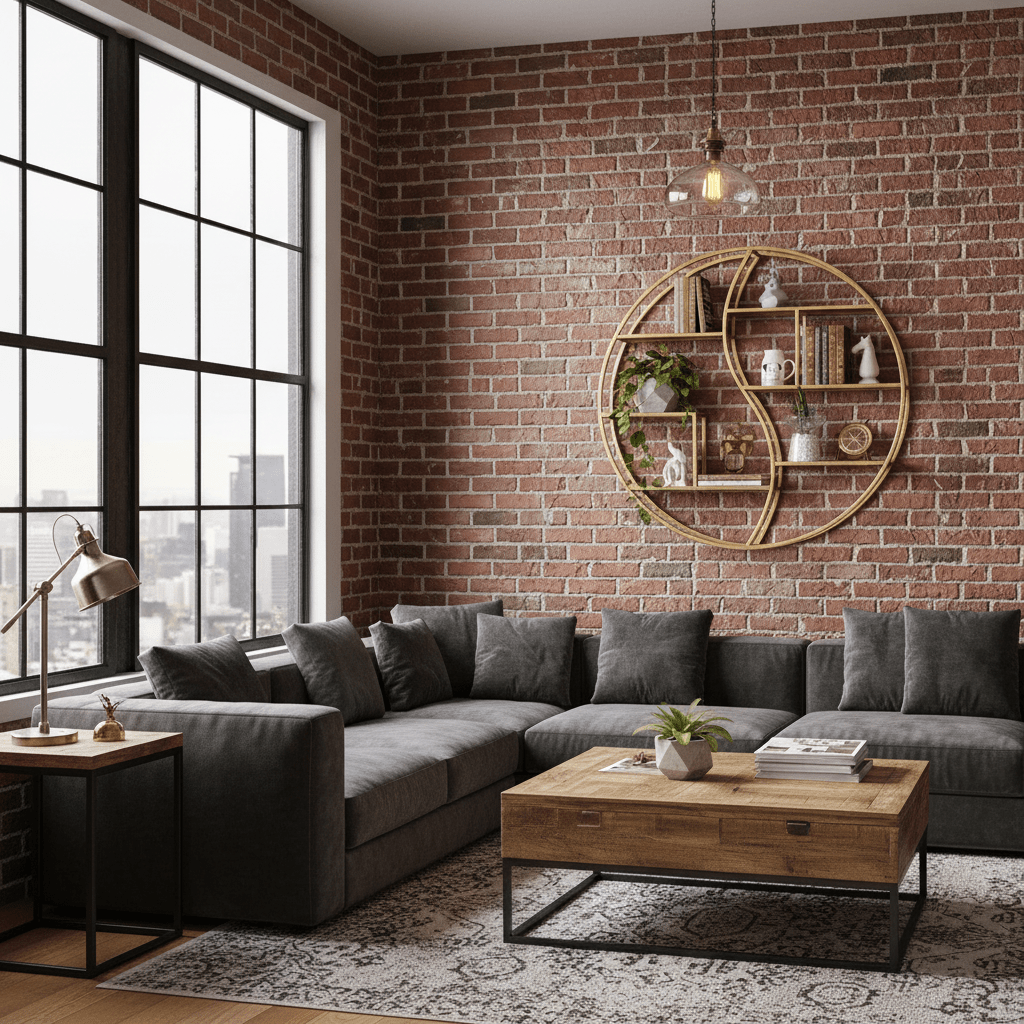 Étagère murale ronde salon fer forgé doré et bois multi-niveaux, rangement flottant pour livres et plantes style loft industriel luxe