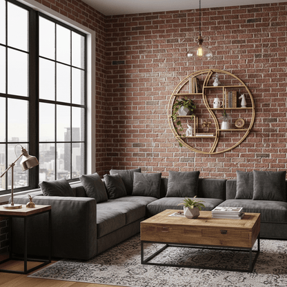 Étagère murale ronde salon fer forgé doré et bois multi-niveaux, rangement flottant pour livres et plantes style loft industriel luxe