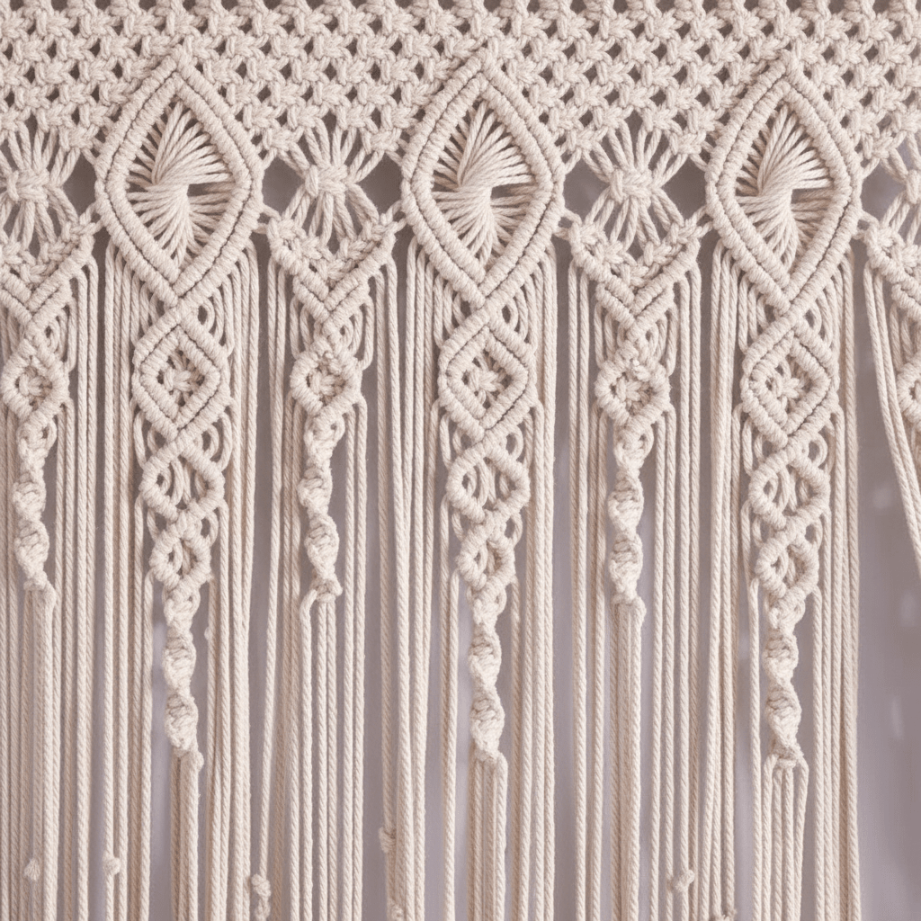 Gros plan tissage artisanal rideau macramé coton naturel montrant texture nœuds et franges fait main