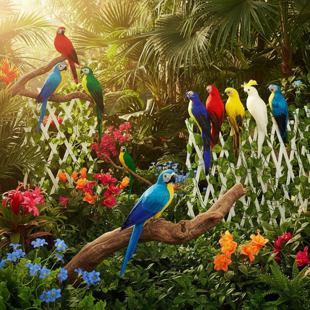 Décorations jardins perroquets atmosphère tropicale exotique ambiance colorée