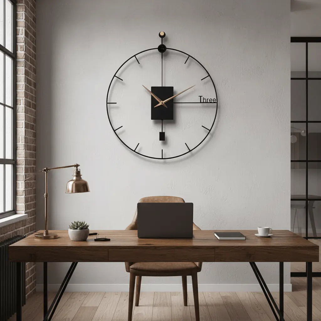 Horloge noire murale métal 50cm bureau étude quartz Youngtown silencieuse élégante