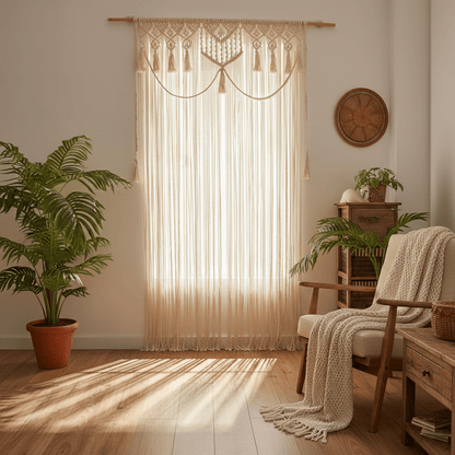 Rideau macramé coton naturel décoration fenêtre filtrant lumière créant ombres douces intérieur bohème