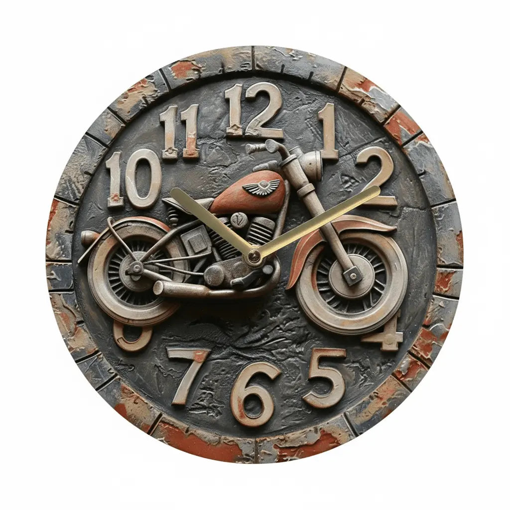 Horloge moto murale relief 3D sculpture vintage retro effet pierre brique fond blanc