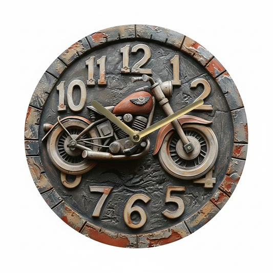 Horloge moto murale relief 3D sculpture vintage retro effet pierre brique fond blanc