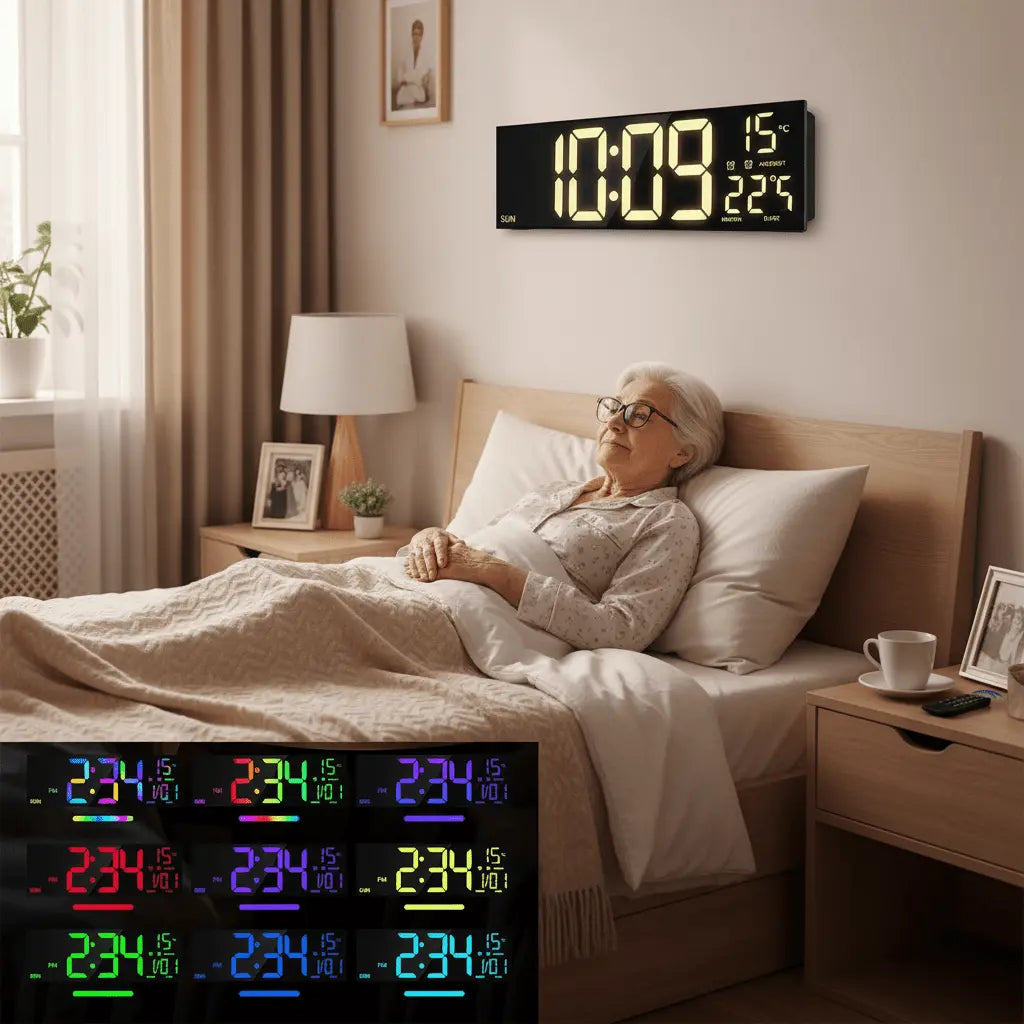 Horloge murale numérique LED 40cm télécommande personne âgée accessibilité lit