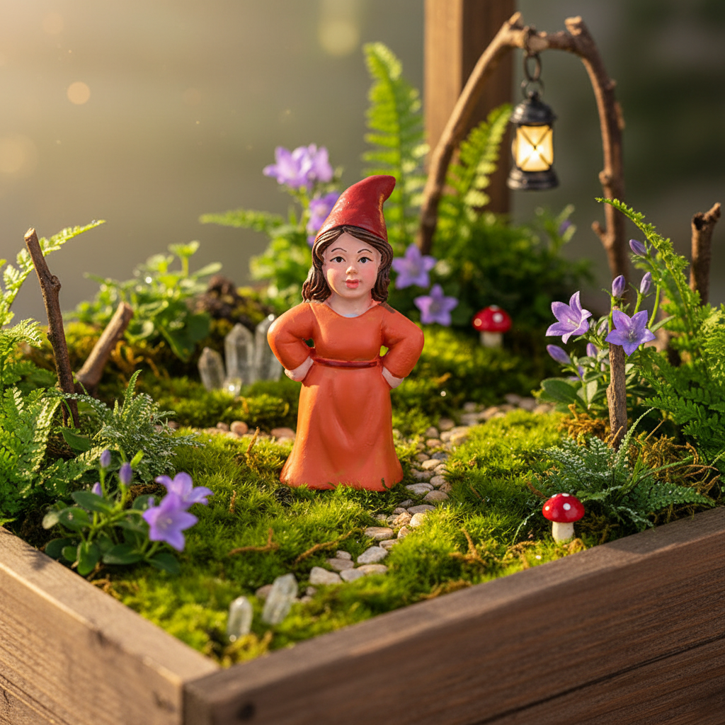 Nain de jardin femme placement jardin féerique mousse plantes miniatures