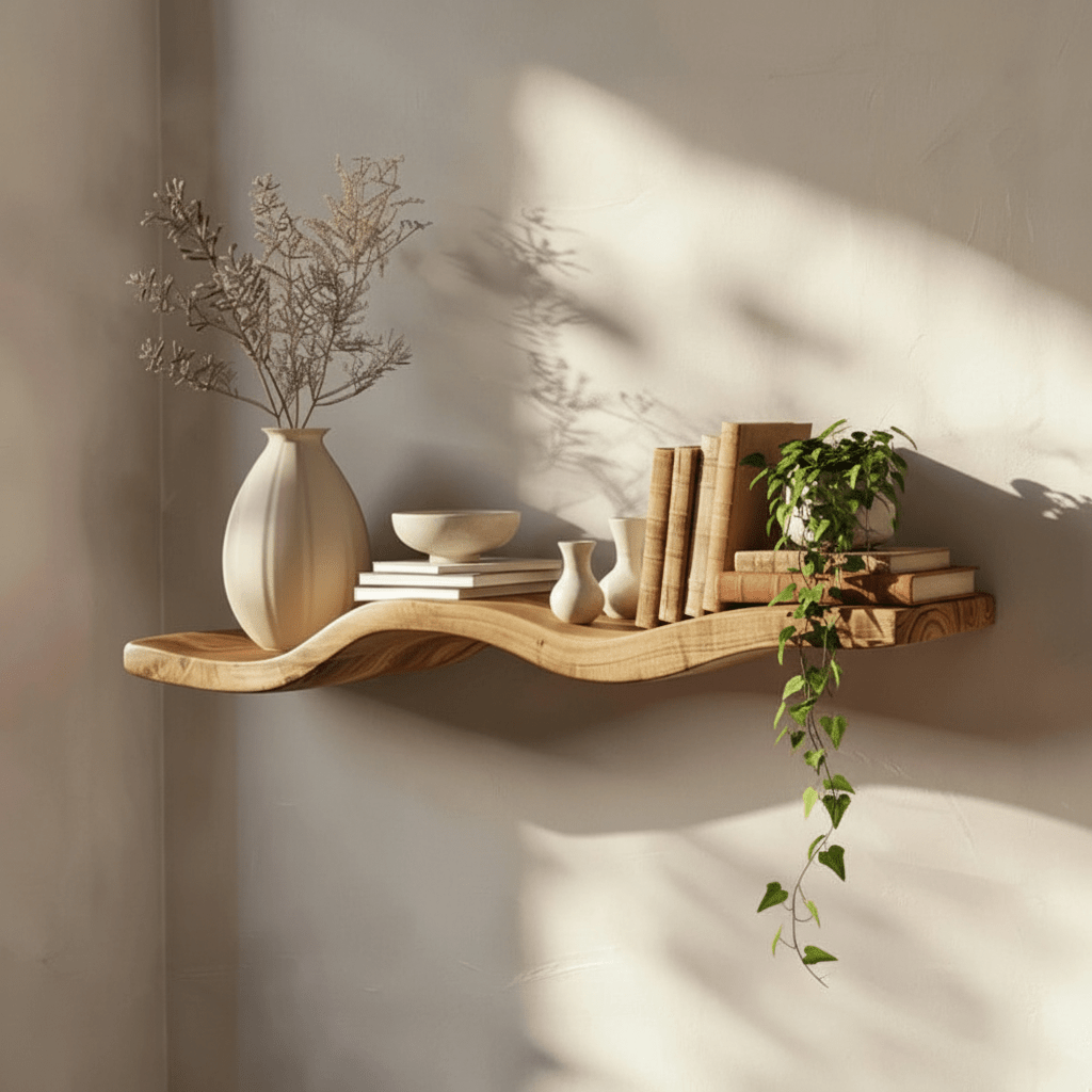 étagère flottante bois exposition artistique céramiques faites main lierre livres vintage galerie murale organique moderne