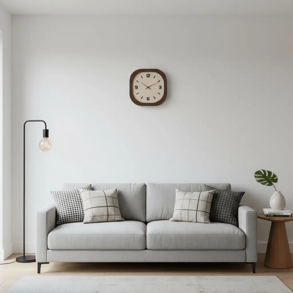 Horloge murale carrée salon contemporain bois foncé au-dessus canapé