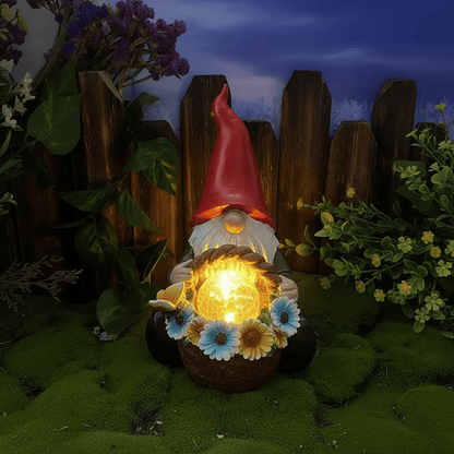 Nain de jardin grande taille lampe solaire illuminée crépuscule ambiance féerique