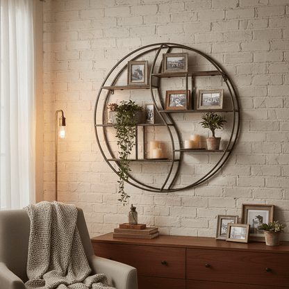 Étagère murale ronde chambre fer forgé bronze et bois multi-niveaux, rangement flottant pour cadres photos et bougies décoration industrielle vintage