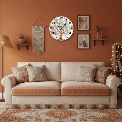 Horloge décoration murale Arbre de Vie salon bohème chaleureux au-dessus canapé