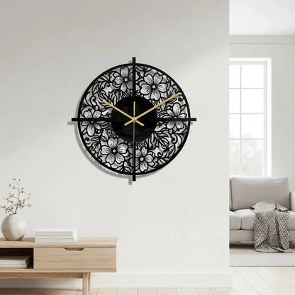 Horloge murale noire acrylique ajouree motif floral salon nordique sans chiffres point focal
