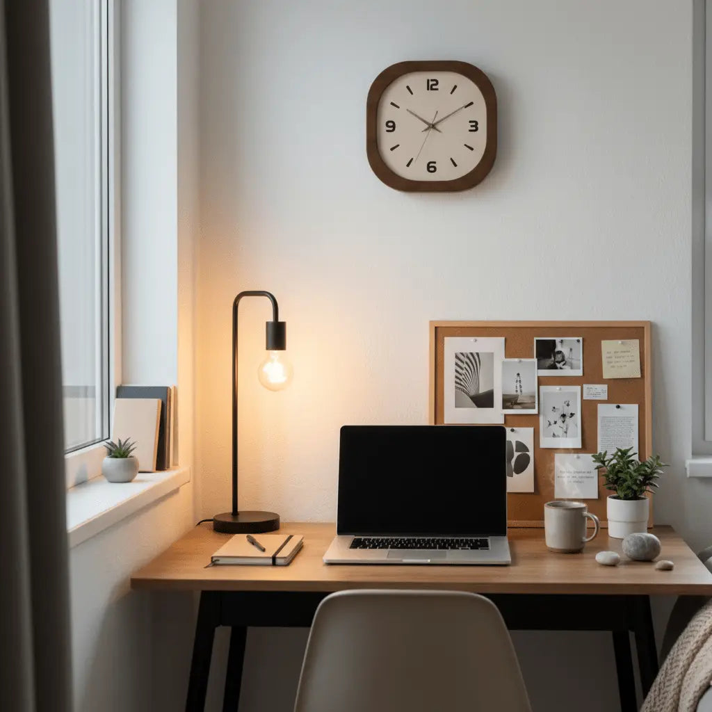 Horloge murale silencieuse chambre ambiance chaleureuse cadran crème bois