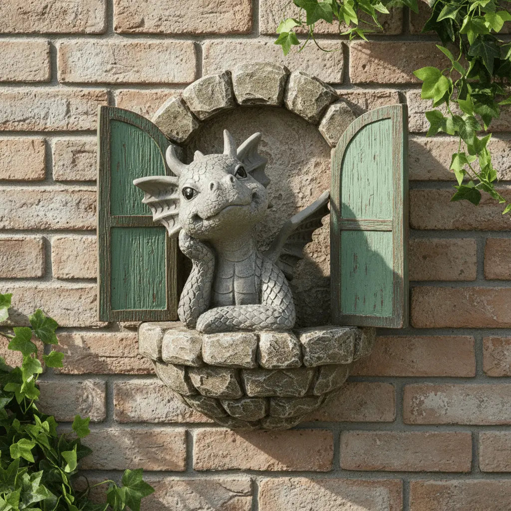 Décoration de jardin murale trompe-l'œil figurine animal résine fenêtre pierre volets bois