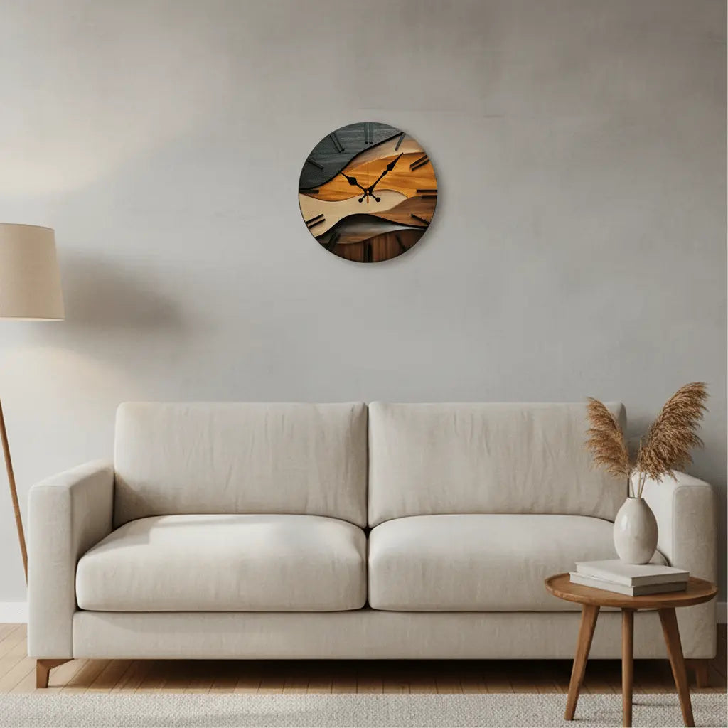 Horloge murale originale bois nordique salon chaleureux grain naturel point focal