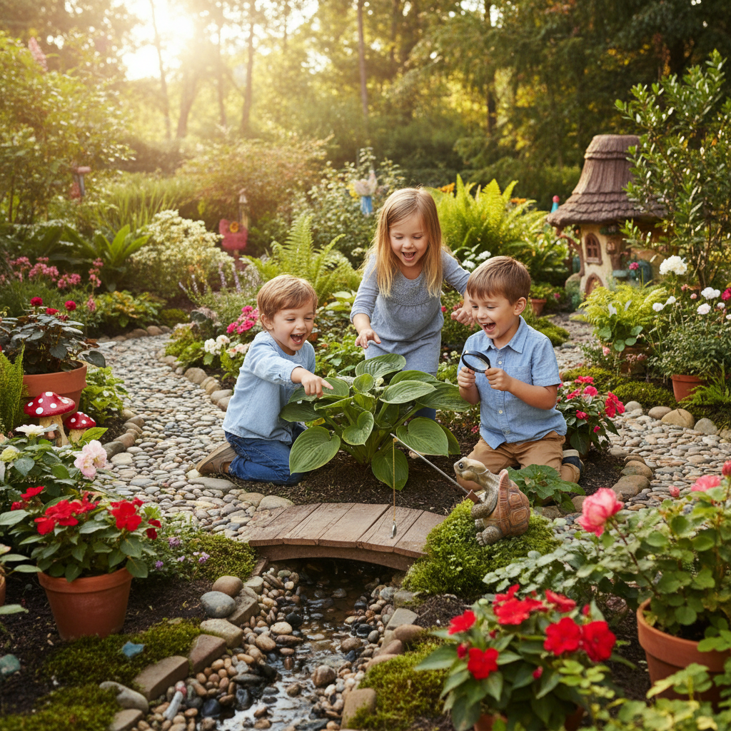Jardin familial décoration jardin tortue pêcheuse résine enfants jouant cherchant figurine ambiance ludique joyeuse moments partagés