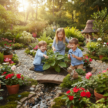 Jardin familial décoration jardin tortue pêcheuse résine enfants jouant cherchant figurine ambiance ludique joyeuse moments partagés