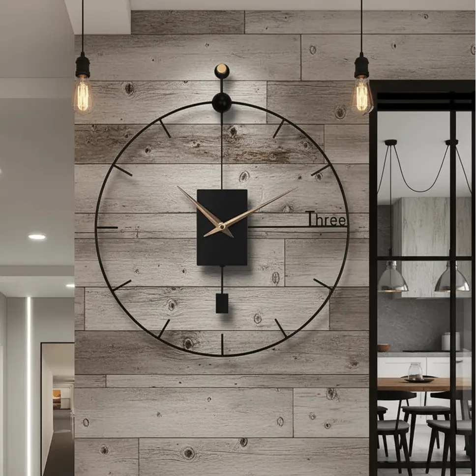 Horloge noire murale métal 50cm cuisine salle à manger industrielle ferme silencieuse