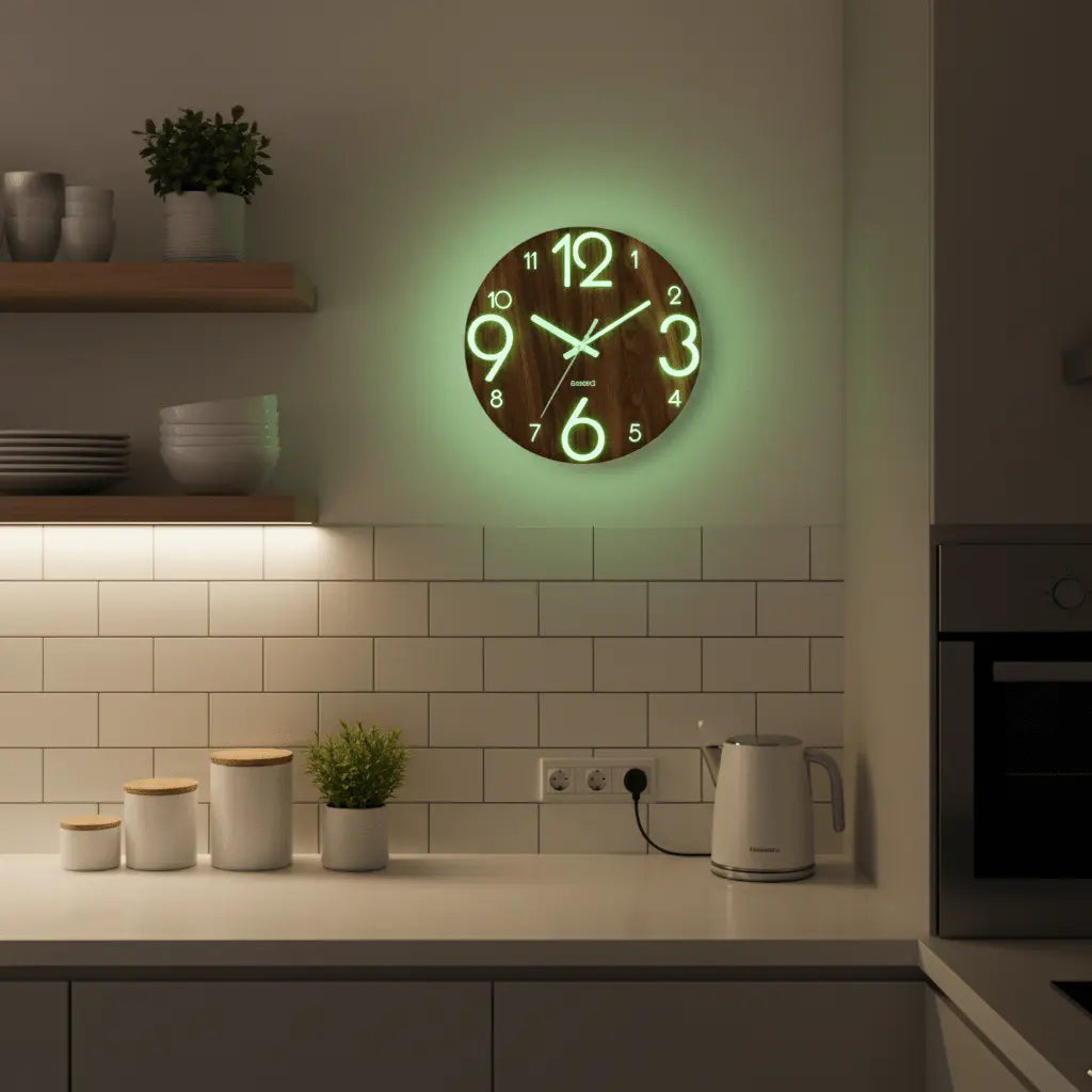 Horloge murale bois phosphorescente 6-8h lueur verte jour nuit comparaison