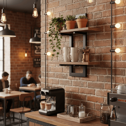 Étagère murale café restaurant bois double niveau avec structure métallique, rangement flottant pour tasses et accessoires ambiance industrielle