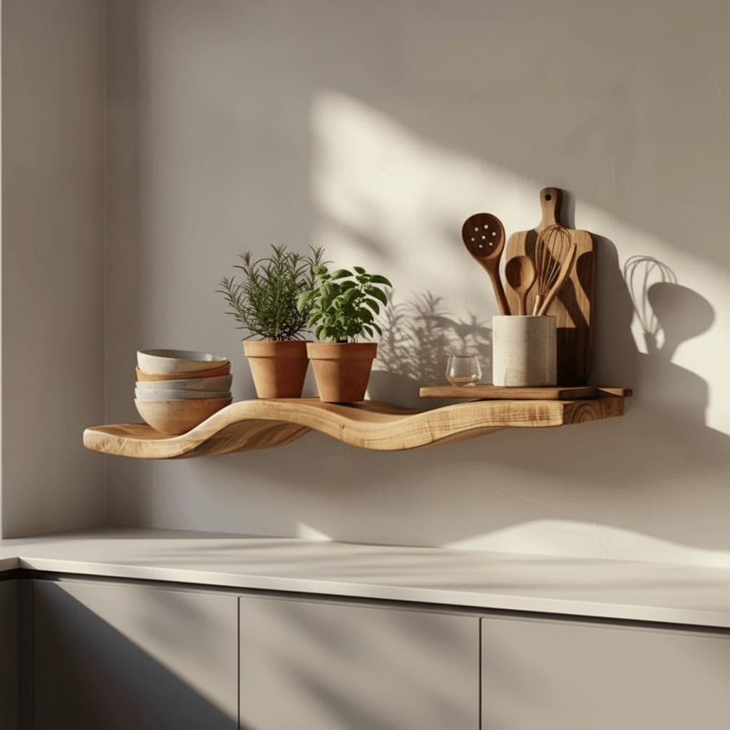 étagère flottante bois naturel dans cuisine rustique avec bols céramiques herbes aromatiques ustensiles bois ambiance ferme