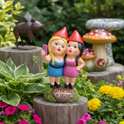 Nain de jardin femme atmosphère joyeuse moderne humour contemporain