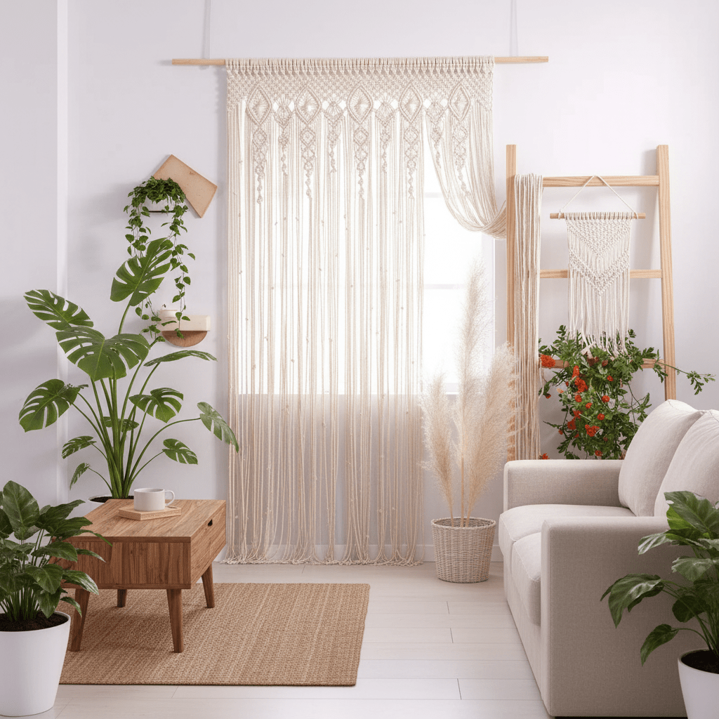 Rideau macramé bohème en coton naturel beige dans salon lumineux avec décoration minimaliste et plantes