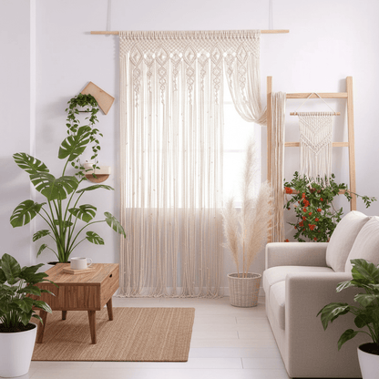 Rideau macramé bohème en coton naturel beige dans salon lumineux avec décoration minimaliste et plantes