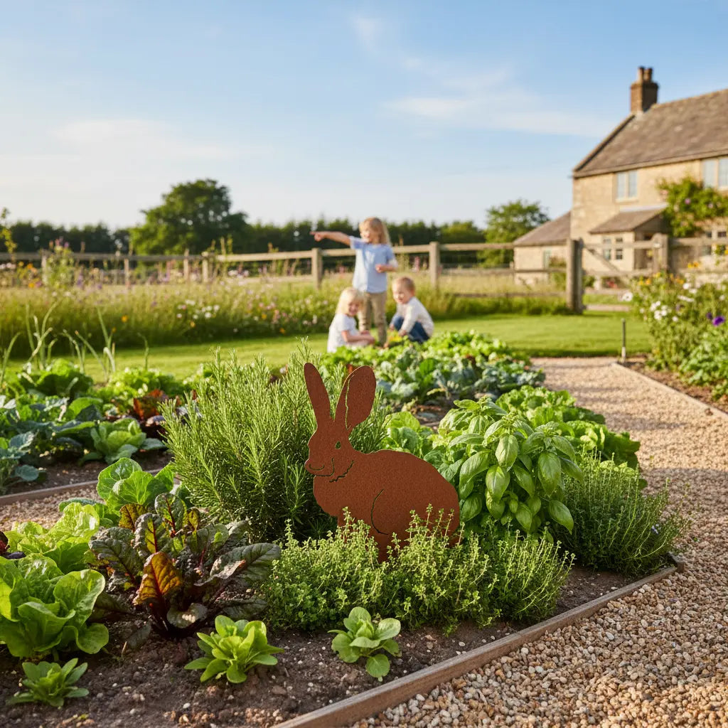 Potager champêtre décoration jardin lapin métal entre légumes ambiance familiale bucolique