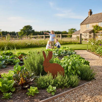 Potager champêtre décoration jardin lapin métal entre légumes ambiance familiale bucolique