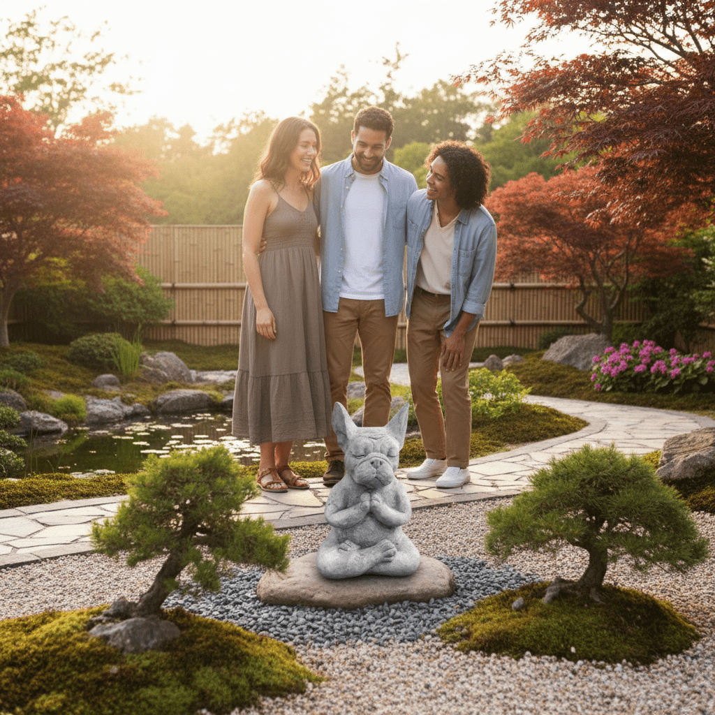 Décoration extérieur jardin bouledogue zen famille lifestyle humour sourire
