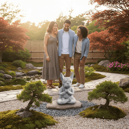 Décoration extérieur jardin bouledogue zen famille lifestyle humour sourire