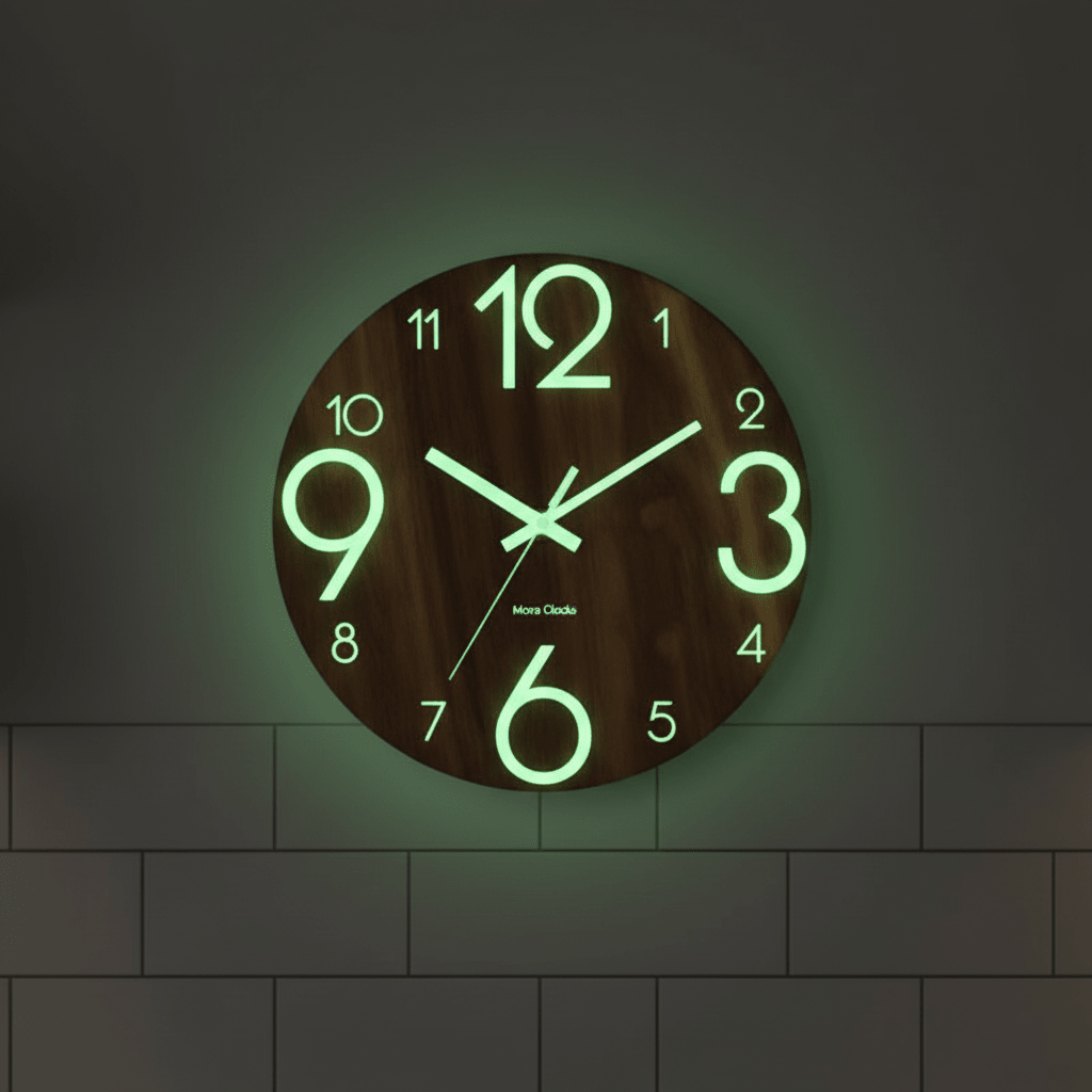 Horloge murale effet bois détail chiffres arabes larges visibles 5m phosphorescente