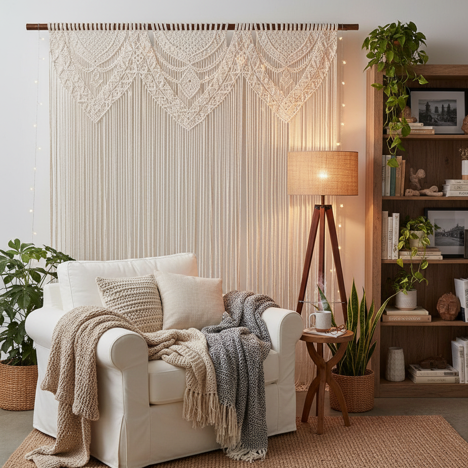 Macramé rideau toile de fond coin lecture cosy - ambiance hygge chaleureuse invitante