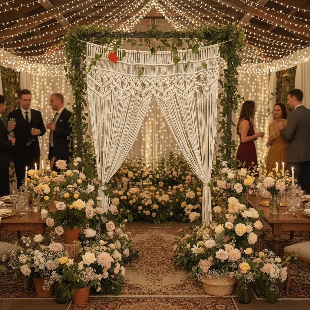 Macramé é rideaux beige décorant réception bohème chic guirlandes lumineuses fleurs ambiance festive